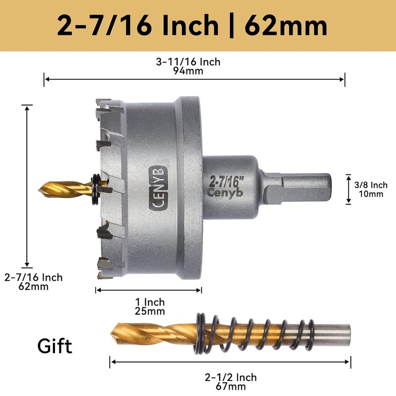 cenyb 2-7/16" (62mm) Tungsten Carbide Tipped Hole Saw with 2Pcs Titanium-Plated Pilot Drill Bits for Hard Metal,Stainless Steel,Iron,Aluminum Alloy,Wood and Plastic - Image 2